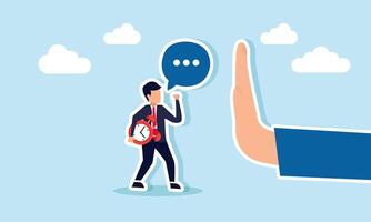 Businessman holds an alarm clock while talk to a hand as if stopping something, illustration of a protest against business decisions and offering a business time management system vector