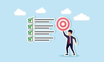 A businessman stands next to a checklist holding a target board, illustration of completing a business target list vector