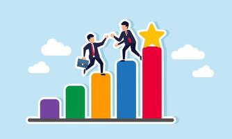 Two businessmen help each other climb a chart, with a star at the highest point, illustration of collaboration and teamwork in improving product and business service quality vector