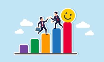 Two businessmen help each other climb a chart, with a happy emoticon at the highest point, illustration of collaboration and teamwork in increasing market attention vector