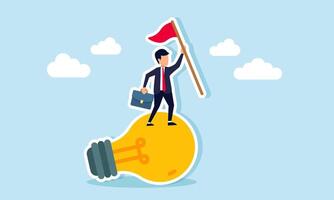 Businessman raises a stick and stands on a light bulb, illustration of success in implementing business ideas and innovations correctly vector