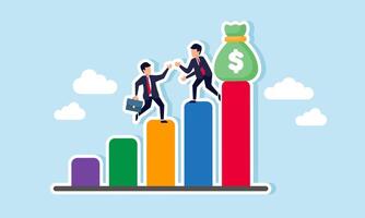 Two businessmen help each other climb a chart, with a money bag at the highest point, illustration of teamwork in achieving rising profit, revenue, and business valuation vector