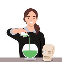 Scientist pours a mysterious green liquid into a bowl while a quirky skull with a googly eye. vector