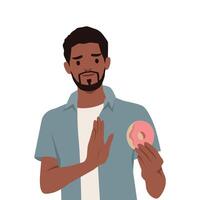 Man with a hesitant expression holds a donut, his hand in refusal, reluctance or self control. vector