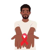 Man with open hands presents a red ribbon, awareness, support for World AIDS Day and related causes. vector