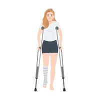 Woman using crutches to support herself while walking, with her left leg wrapped in a bandage. vector