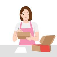 Woman is writing on a package while preparing a box for shipping, ensuring everything is in order. vector
