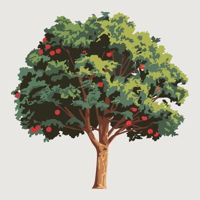 Minimalist Fruit-Bearing Tree Illustration on a White Canvas