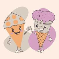 Kawaii Pizza and Ice Cream Characters vector