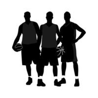 Silhouettes of three basketball players posing with the ball in their hands vector