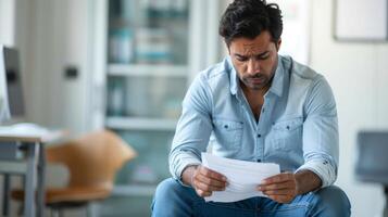 A man sits in a bright medical office, studying fertility test results with a serious expression. The environment is clinical, suggesting a focus on health and fatherhood challenges. photo