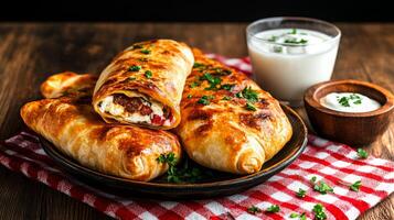 Homemade pastries are served on a wooden table in a rustic Serbian kitchen, showcasing a cozy, inviting ambiance perfect for family gatherings. photo