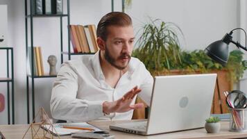 Irritated tired businessman working on laptop website problem, computer virus data loss by hacking video