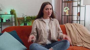 Pretty woman girl asking why, what reason of failure demonstrating disbelief irritation by troubles video