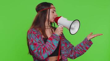 Woman talking with megaphone proclaiming news loudly announcing advertisement pointing empty place video