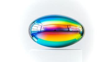 A striking sculpture exhibiting a rainbow of colors and reflective surfaces, placed on a pedestal in a bright and spacious setting during daytime. photo