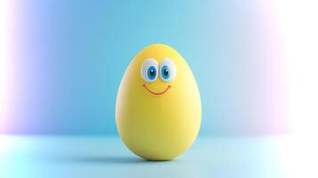 A bright yellow egg character stands confidently with a charming smile and large blue eyes, set against a soft blue gradient background that adds liveliness. photo