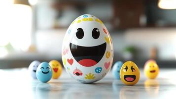 Brightly colored eggs with cheerful faces surround a large, smiling egg, creating a playful and festive mood suitable for celebrations and family gatherings. photo