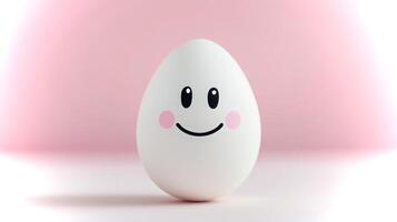 A cheerful egg with a smiling face and rosy cheeks stands against a soft pink backdrop, creating a whimsical and lighthearted atmosphere filled with joy. photo