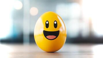 A vibrant yellow egg shape with a joyful face stands on a wooden surface, basking in bright ambient light, radiating a sense of happiness and positivity. photo