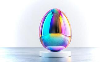 A striking, glossy egg with a vibrant rainbow sheen rests atop a simple white pedestal against a clean background, creating a captivating visual focus. photo