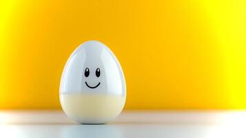 A cheerful egg figure with a smiling face stands against a vivid yellow backdrop, radiating joy and positivity in a playful setting filled with light. photo
