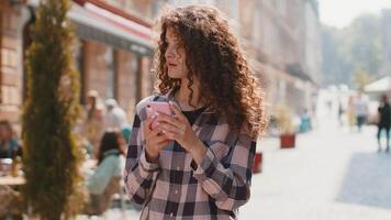 Tourist traveler woman girl using looking smartphone search a way on map in mobile navigator app video