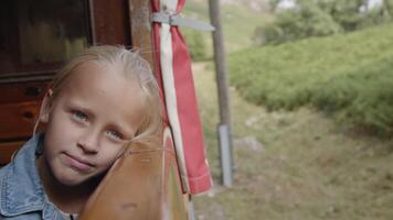 Young girl enjoys the passing scenery as she gazes out the window of a train traveling through a mountain landscape video