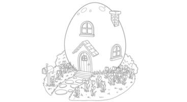 A High-Quality Outline of a Whimsical Easter Egg-Shaped House With a Tiny Door Windows and a Garden Filled With Tulips vector