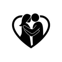 A black and white silhouette of a couple hugging vector