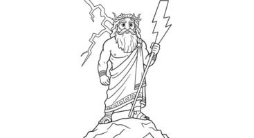 Coloring Page of Zeus the Greek God of Thunder Holding a Lightning Bolt in One Hand and Standing Confidently on Mount Olympus vector