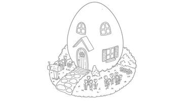 A Outline of a Whimsical Easter Egg-Shaped House With a Tiny Door Windows and a Garden Filled With Tulips vector