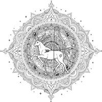 A Sagittarius Mandala With a Bow and Arrow at the Center Framed by Celestial Patterns Swirling Lines and Adventurous Starbursts vector