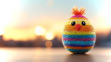 A vibrant Easter egg made from colorful yarn sits on a surface, illuminated by a warm sunset glow. Its cheerful expression adds charm to the scene. photo