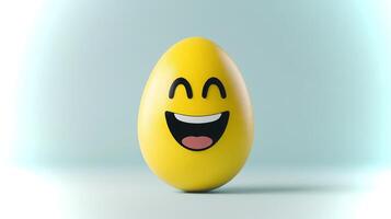 A vibrant yellow egg sits against a soft, light backdrop, featuring a happy face expression that radiates joy. Perfect for festive themes and celebrations. photo