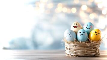 A woven basket holds several decorative eggs featuring various expressions, creating a joyful atmosphere perfect for holiday gatherings and spring festivities. photo