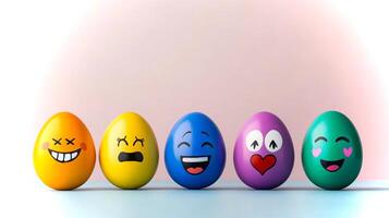 Five distinctively painted eggs with expressive faces showcase a range of emotions against a soft pastel backdrop, creating a playful and cheerful atmosphere. photo