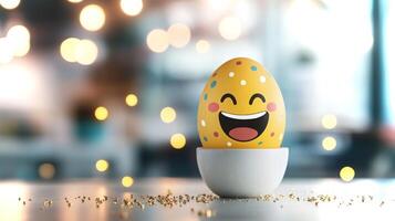 A cheerful egg with a smiling expression and colorful dots is placed in a white bowl. Soft, vibrant lights create a festive atmosphere in the background. photo