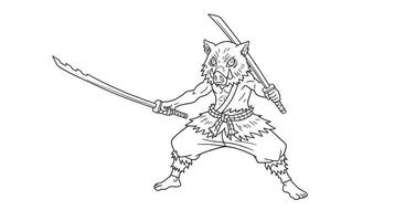 Coloring Page Featuring Inosuke Wielding His Two Swords Raised in a Dynamic Pose vector