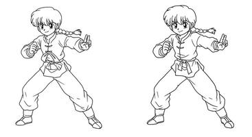Coloring page featuring Ranma Saotome in his male and female forms showcasing his unique transformation ability vector