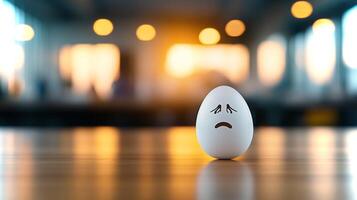 A lonely white egg with a frowning face sits on a wooden surface, illuminated by warm golden light from nearby windows, evoking a sense of melancholy. photo