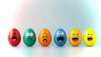 Brightly colored eggs showcase various faces representing different emotions in a creative arrangement, perfect for festive occasions or artistic expressions. photo