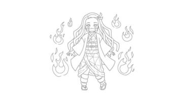 Coloring Page Featuring Nezuko With Simple Outlines of Her Demon Fire Around Her vector