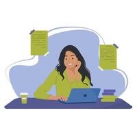 Concept Girl Sitting at Table with Laptop. Online Education, Trainings and Courses, Training, lessons Idea. Illustration for Website Banner, Marketing Material, Presentation Template, Internet. vector