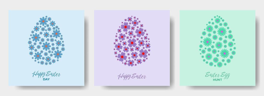 Happy Easter Eggs Set. Cute Spring Holiday Banner, Poster, Greeting Card. Modern Easter Design with Eggs, Flowers and Holiday Typography. Cute Posters in Pastel Colors. Creative Spring Patterned Eggs.