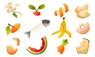 Natural organic waste, spoiled food scraps used for composting. Rotting food. Expired food. Watermelon rind, moldy bread, eggshells. Waste sorting, ecological habit, ecological problem. vector