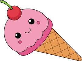 Cute cartoon ice cream cone with cherry on top vector