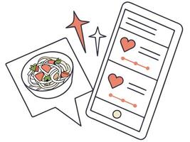 An illustration of a bowl of pasta salad with tomatoes and herbs, positioned next to a smartphone displaying recipe or meal tracking app interface. vector