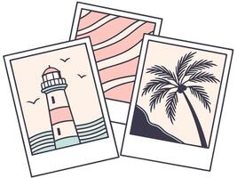 Charming Polaroid-style images of a lighthouse and palm tree, perfect for summer decor. vector