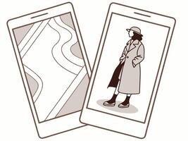A simple line drawing of a woman wearing a stylish coat and hat, displayed on a smartphone screen. vector